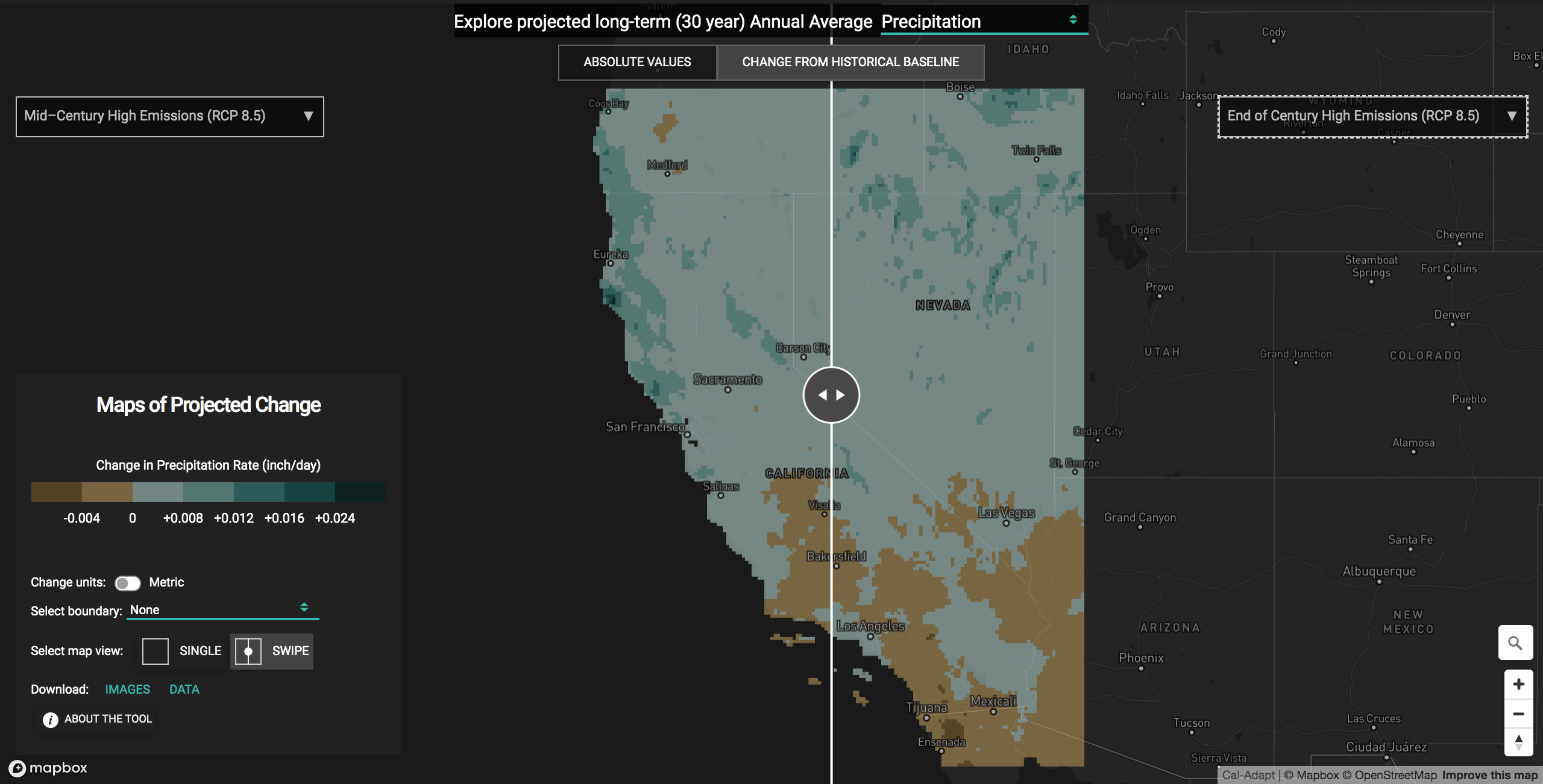 Screenshot of tool comparing change in precipitation from historical baseline