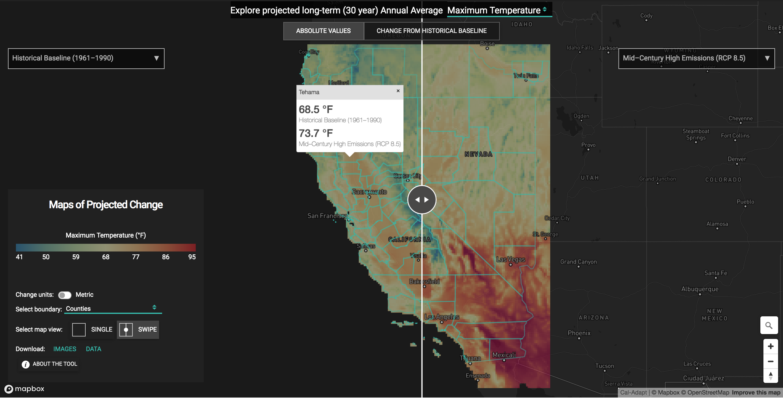 Screenshot of tool showing a data for county in a popup