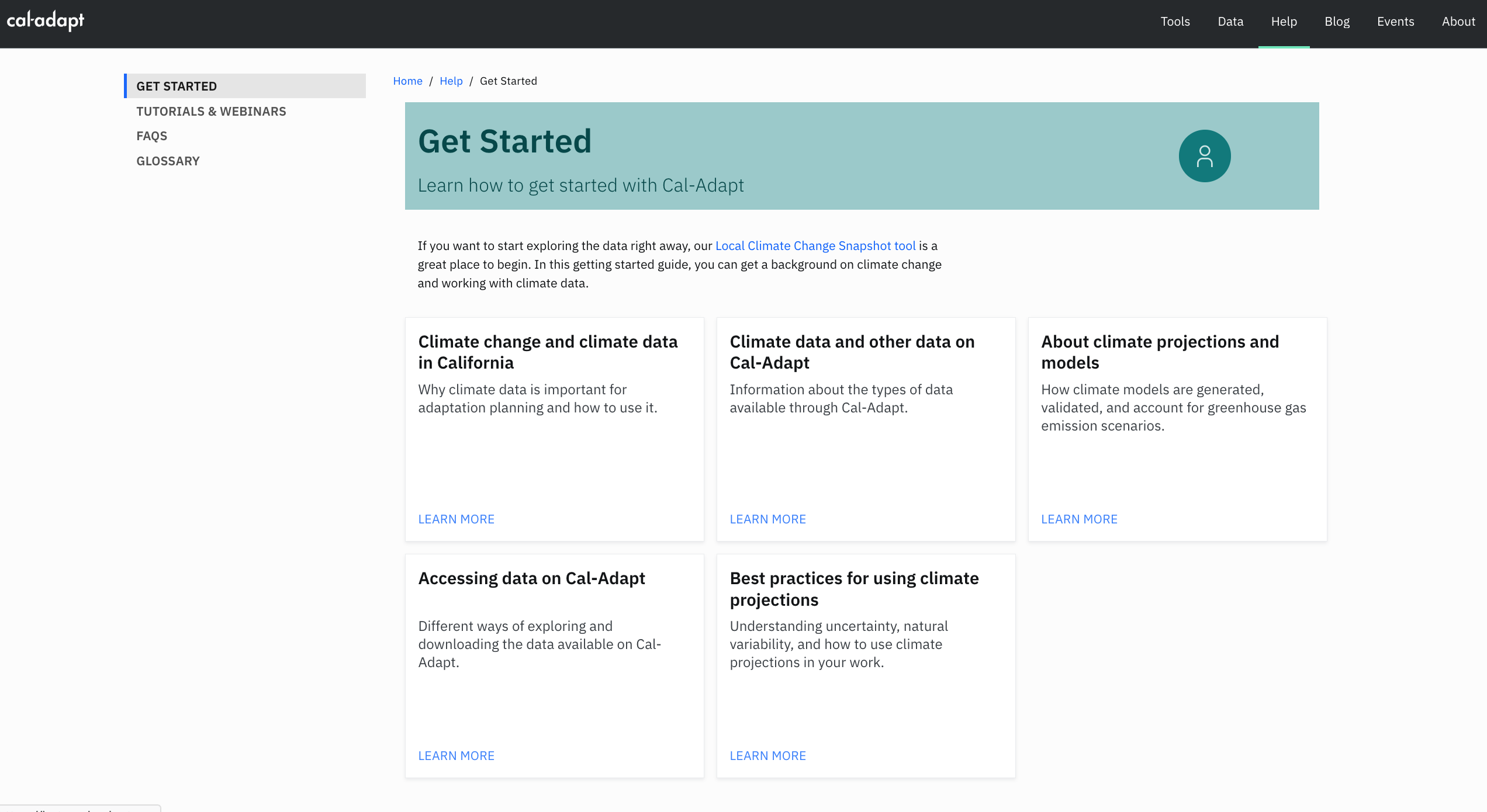 Screenshot of the Get Started with caladapt guide